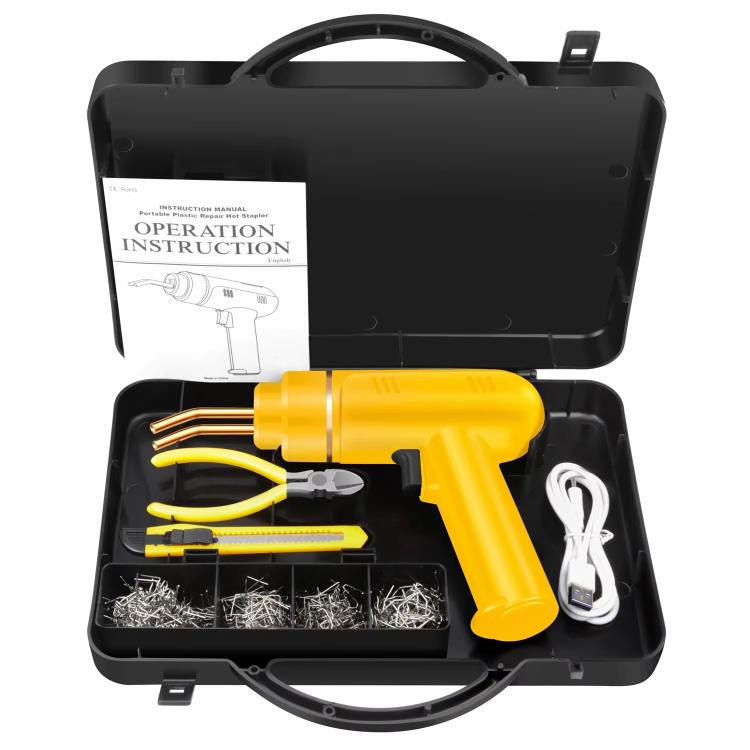 Car bumper repair welding machine kit with yellow handheld welding gun and accessory set