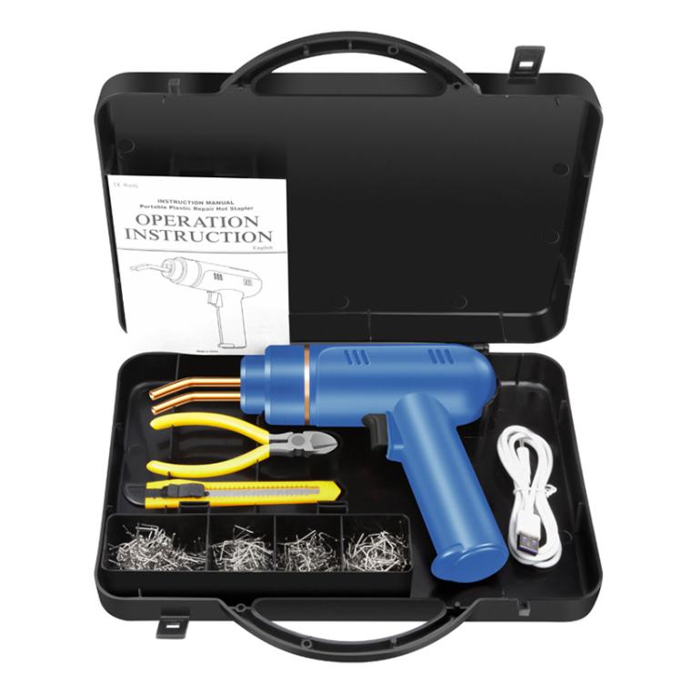 Car bumper repair welding machine kit with blue handheld welding gun and accessory set