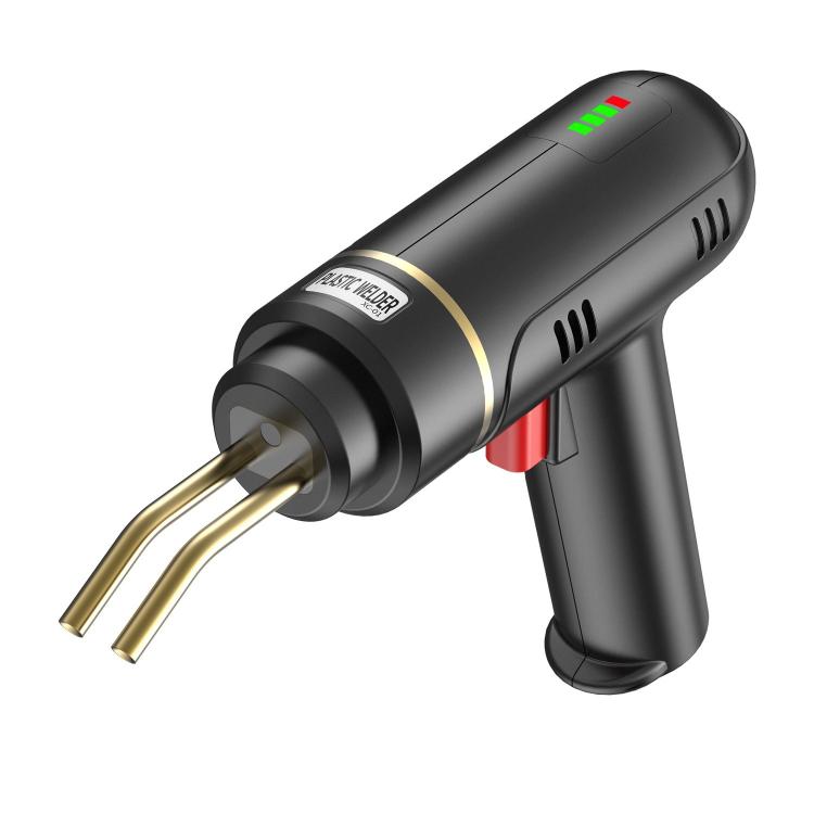 Black cordless welding gun with gold nozzle tip and green indicator light