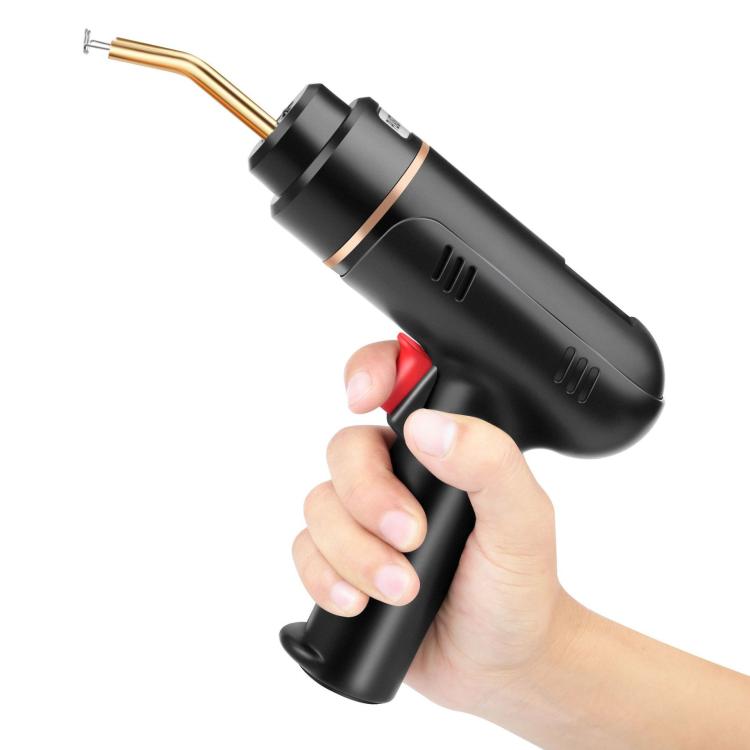 Handheld black cordless welding gun with gold nozzle tip