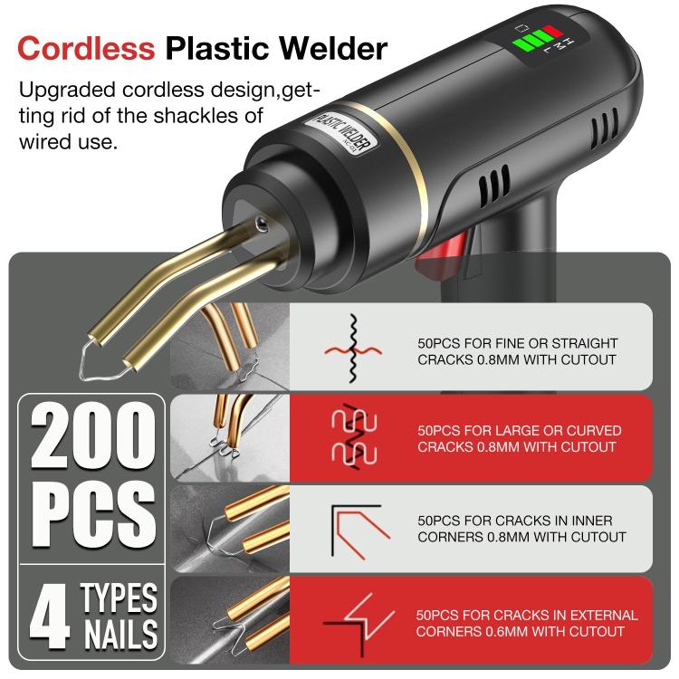 Cordless plastic welder gun with gold welding nozzle and black handle