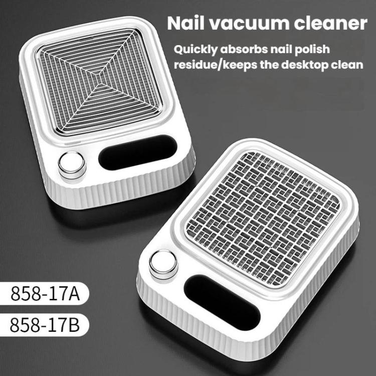 White tabletop nail vacuum cleaner, showing front control knob and side suction port