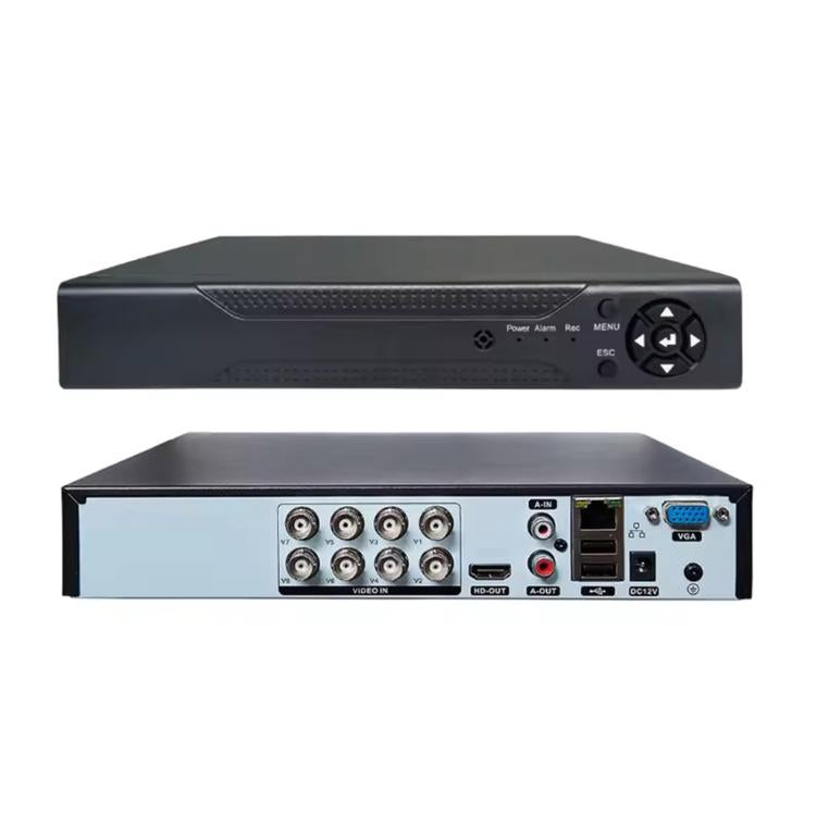 Hybrid security DVR recorder rear panel with multiple BNC video inputs and video out