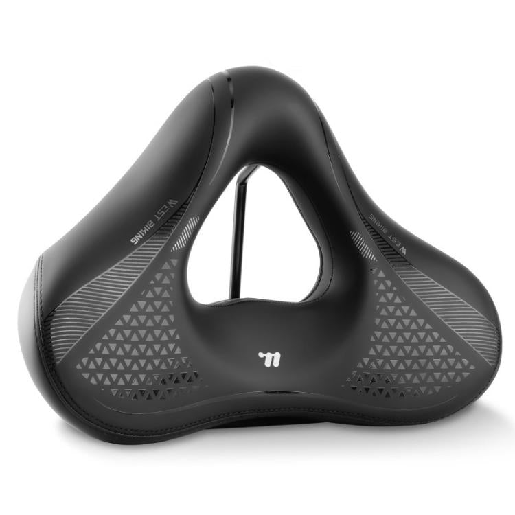 Wide hollow-vent bike saddle in black with curved cutout and patterned side panels