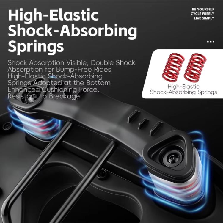 Shock-absorbing bike saddle with visible spring suspension under the top cover, black