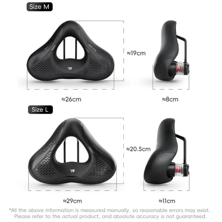Black wide bike saddle with shock absorption, hollow ventilated center, curved shape