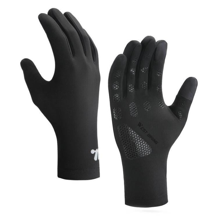 Black full-finger thermal bicycle gloves with touchscreen fingertips and fleece lining