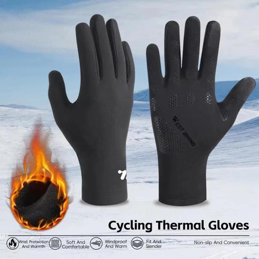 Black full-finger thermal bicycle gloves with textured palm grip panels