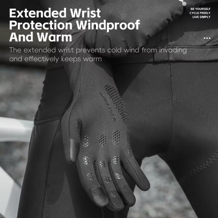 Black extended-wrist thermal bicycle gloves with windproof design and textured knuckles