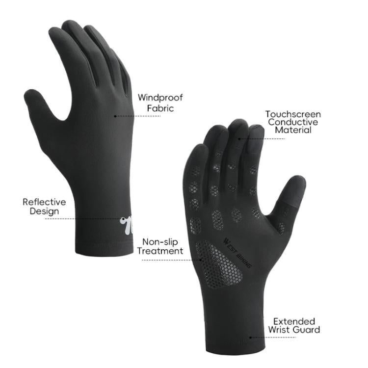 Black touchscreen winter bike gloves, fleece-lined full fingers, grippy palm, reflective accents