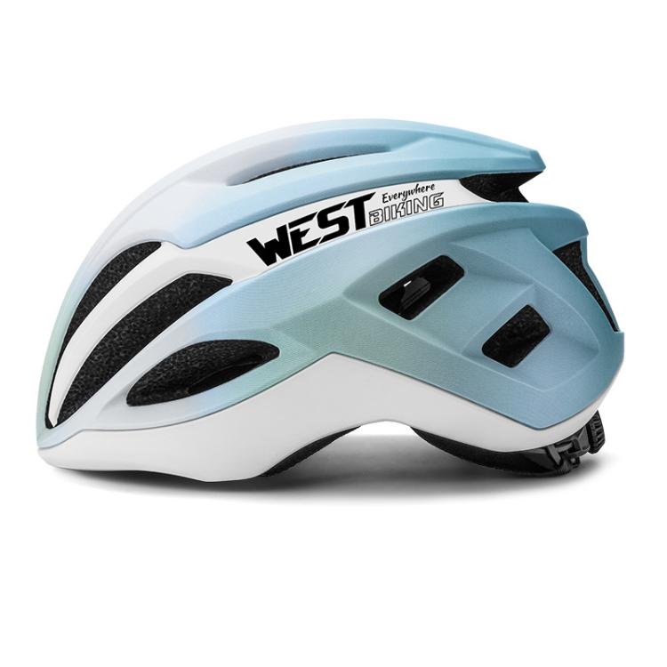 Youth cycling helmet in light blue and white with black vent openings