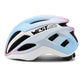 Youth cycling helmet in light blue and white with pink accents and vent openings