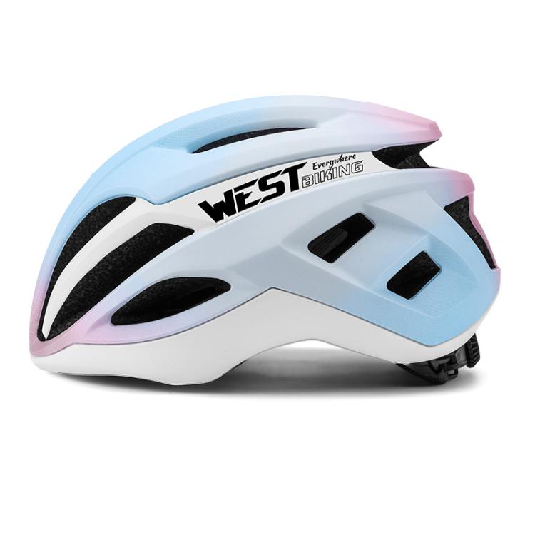 Youth cycling helmet in light blue and white with pink accents and vent openings