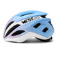 Youth cycling helmet in blue and white with purple accents and black vent openings