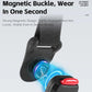 Youth bike helmet, magnetic buckle strap detail with blue glow, black and red