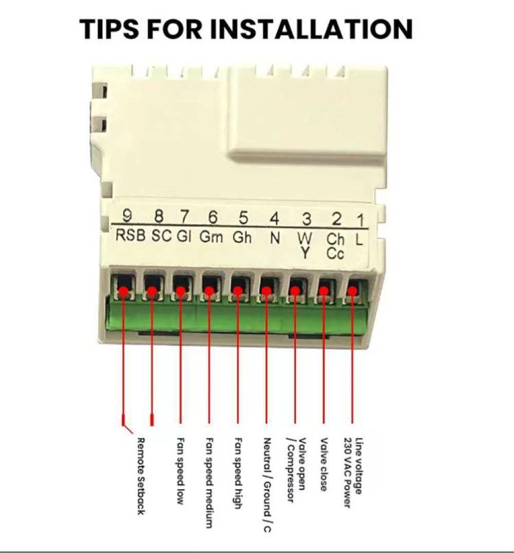 Installation terminal wiring diagram with labeled power and sensor connections