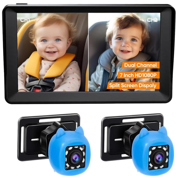 Car baby monitor with split-screen display and two black cameras with blue covers