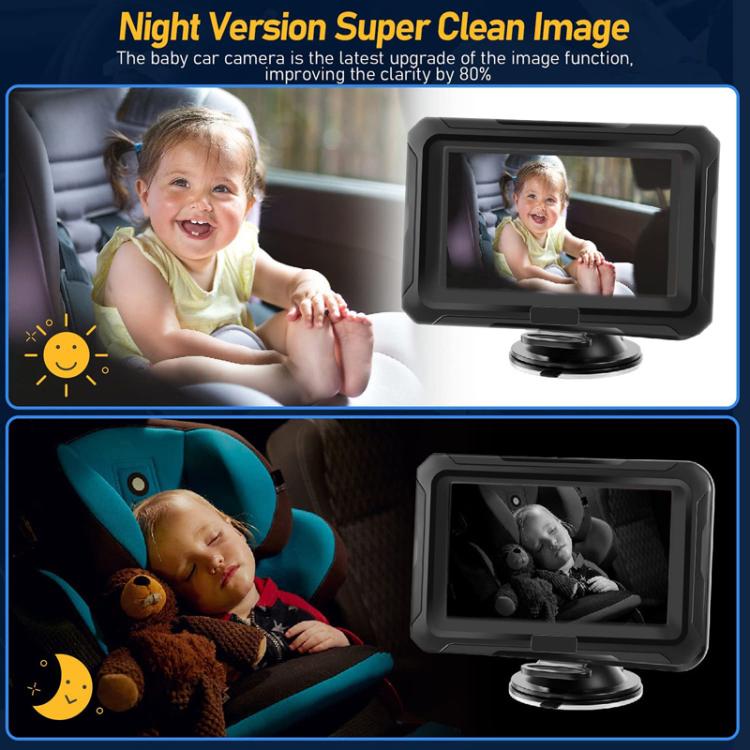 Car baby monitor with infrared camera and screen displaying day and night views