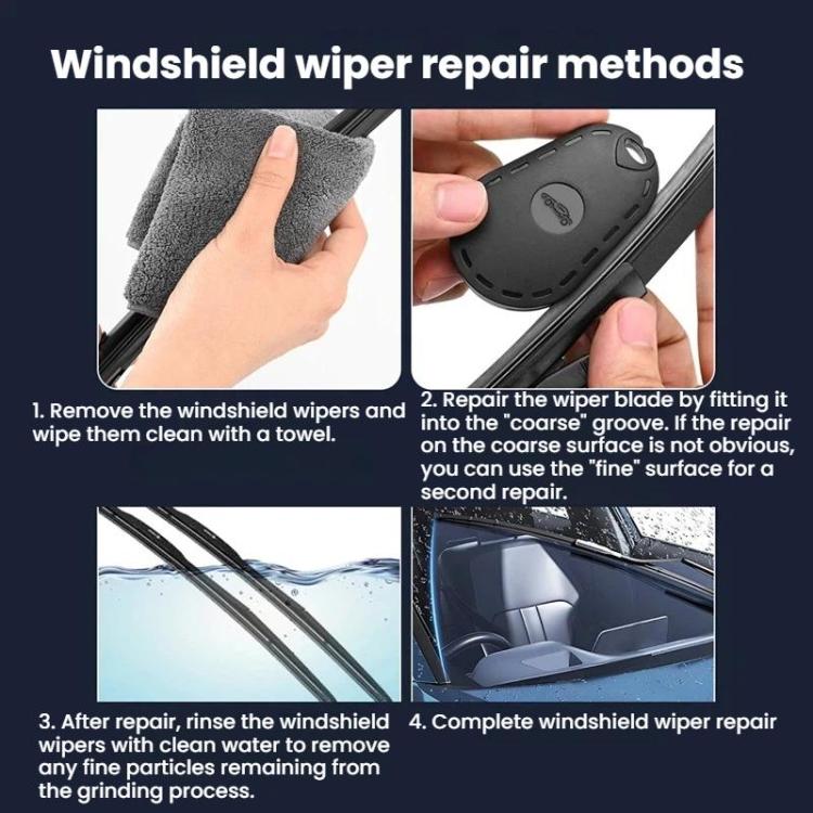 Windshield wiper repair steps with tool grinding against wiper blade
