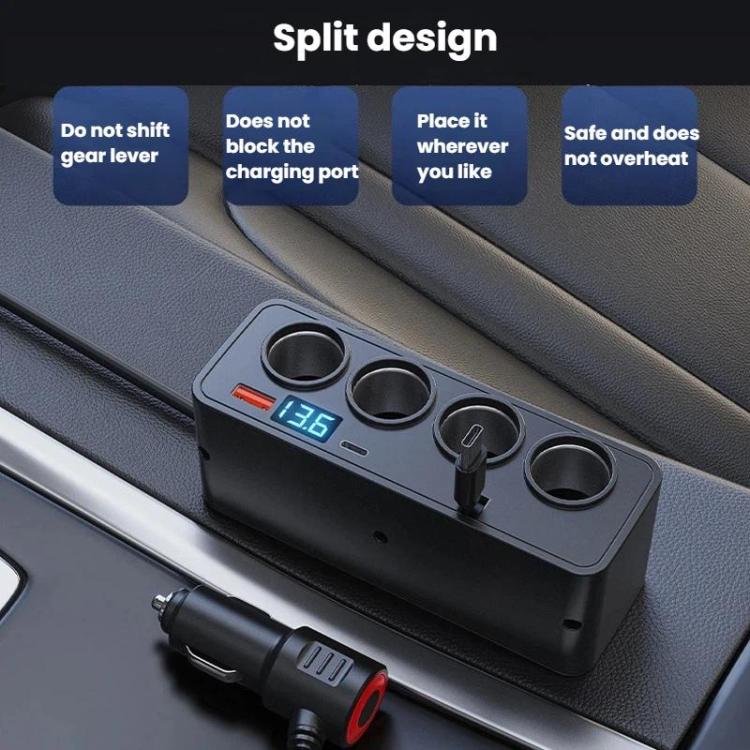 Car power strip with digital display and four socket outlets on a dashboard