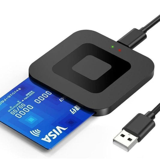 Black square smart card reader with USB cable, LED indicators, and card insertion slot