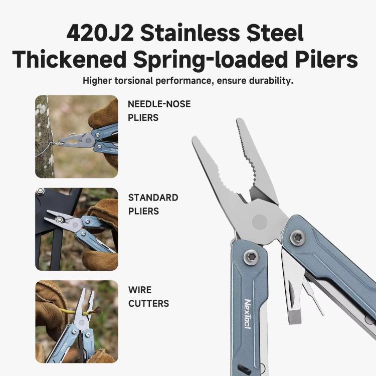 Blue NexTool S11 mini multi-tool close-up showing needle-nose pliers and wire cutters