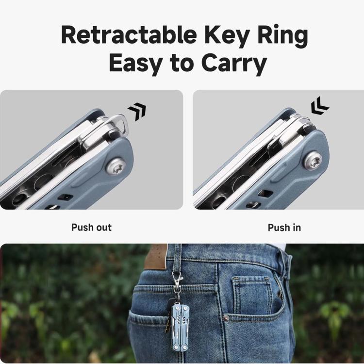 Blue NexTool S11 mini multi-tool on retractable key ring attached to jeans