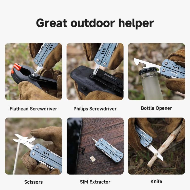 Blue NexTool S11 mini multi-tool accessories extended: screwdriver, scissors, bottle opener, knife