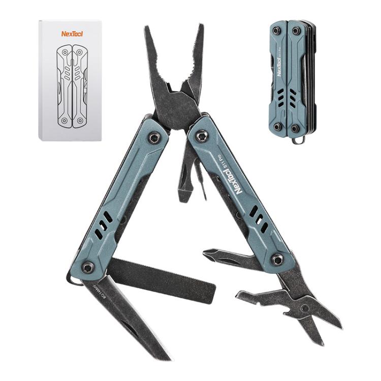 Blue folding pocket multi-tool with pliers, scissors, and wire cutter blades