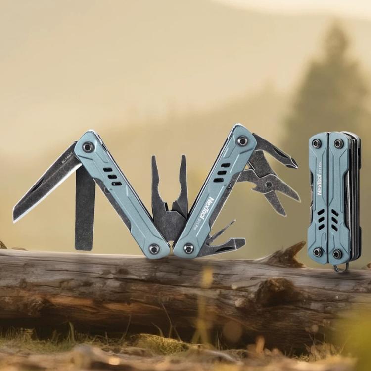 Blue folding pocket multi-tool with open pliers and multiple attached tools