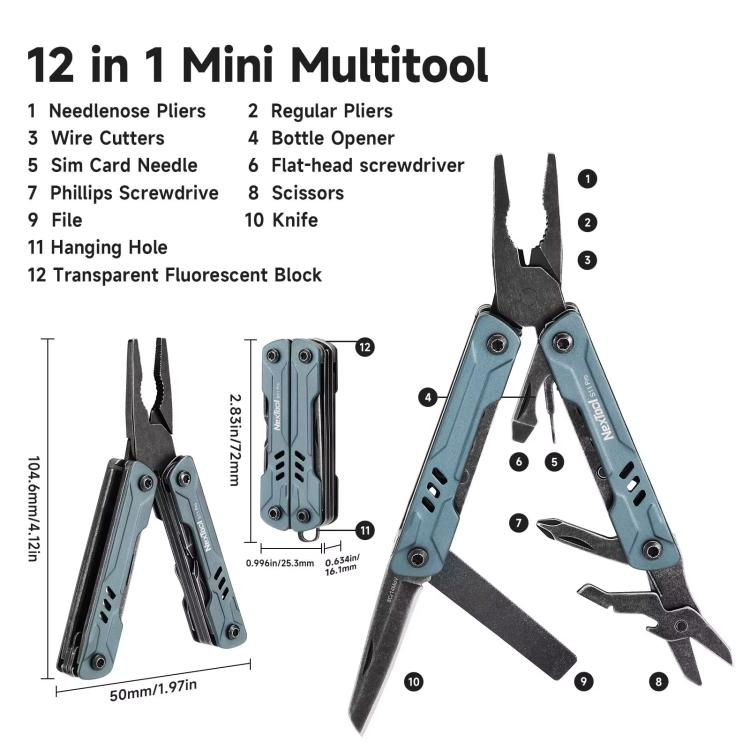 Blue 12-in-1 folding multi-tool with assorted tool heads around hinges
