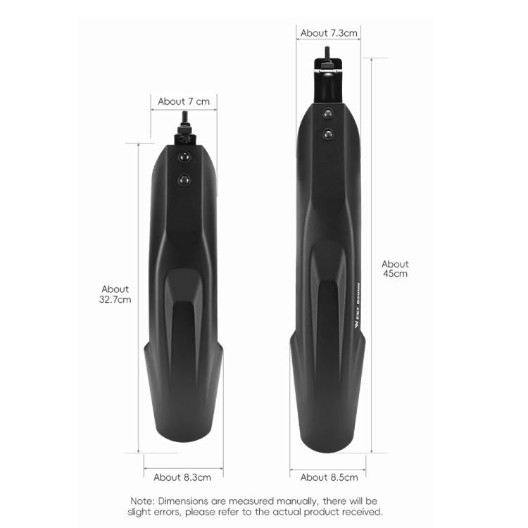 Black bike fenders size diagram showing approximate front and rear measurements