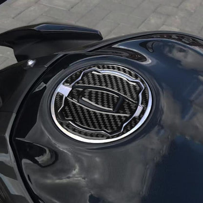 Fuel tank cap sticker, black carbon fiber with silver border on motorcycle cap