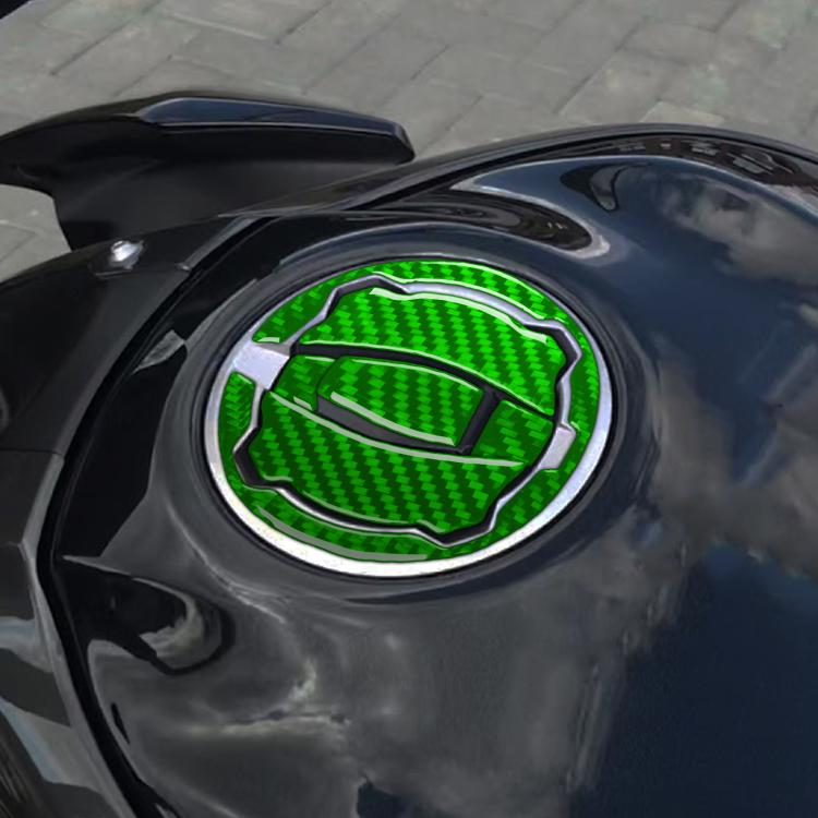 Fuel tank cap sticker, green carbon fiber center with silver border on motorcycle cap