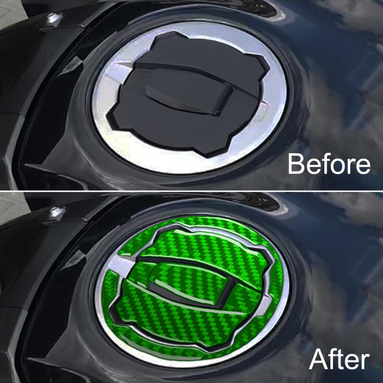 Fuel tank cap sticker set shown before and after, green carbon fiber on cap