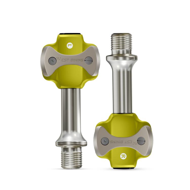 Double-sided bicycle lock pedal pair with metal shaft and yellow mounting caps