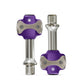 Double-sided bicycle lock pedal pair with metal shaft and purple mounting caps