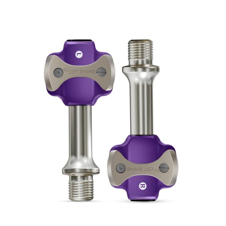 Double-sided bicycle lock pedal pair with metal shaft and purple mounting caps