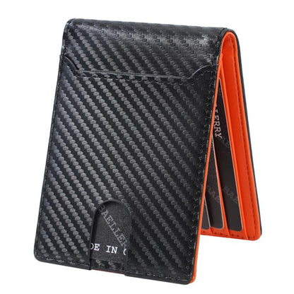 Men's carbon fiber ID card holder with orange trim, minimalist multi-card clip design