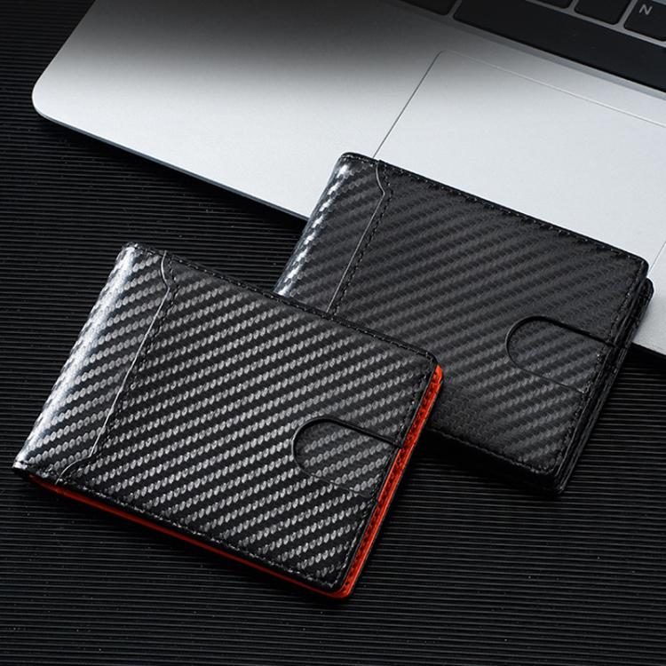 Men's carbon fiber card holder with orange edge lining, shown open with card slots