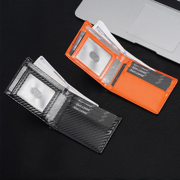 Men's carbon fiber card holders with ID window, orange and black variants side by side