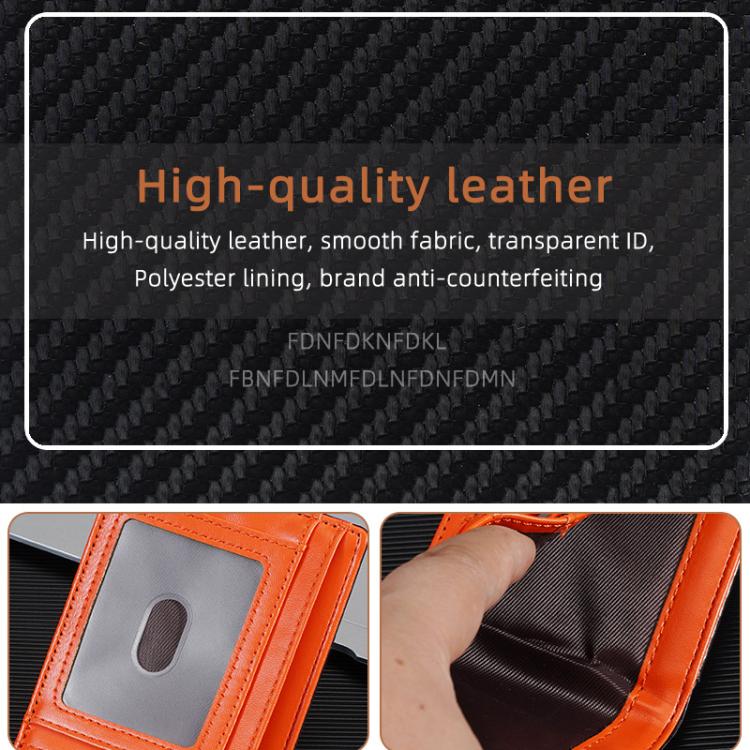 Men's carbon fiber ID card holder with orange border and transparent ID window detail