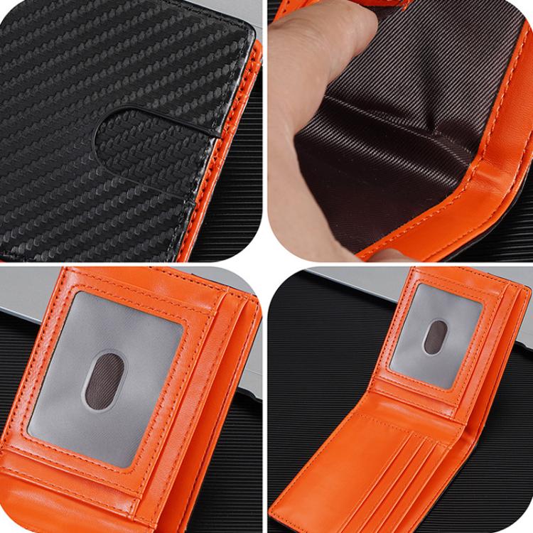 Men's carbon fiber card holder close-up of orange inner lining and card slot pocket
