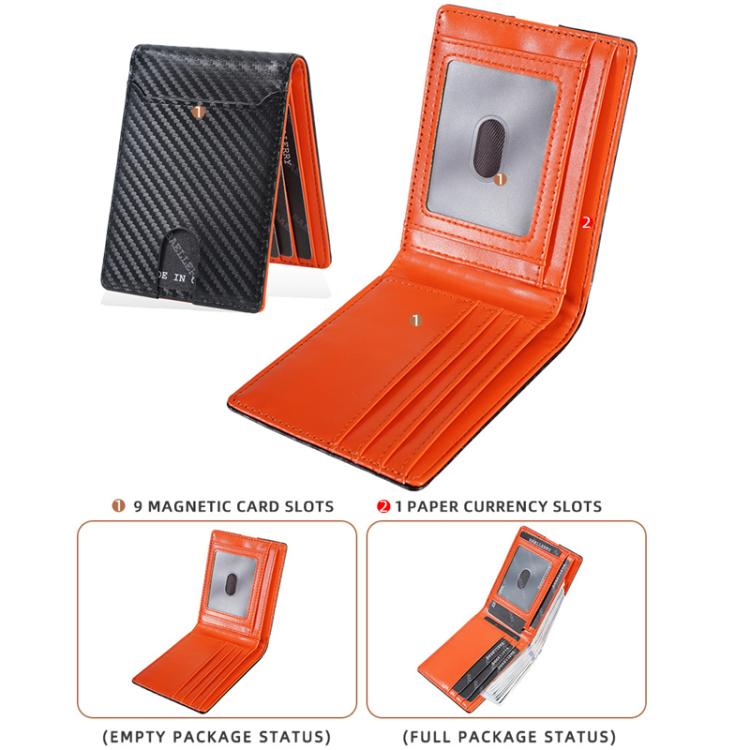 Men's minimalist card holder with transparent ID panel and multiple card slots, open view