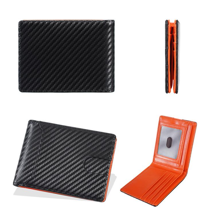 Men's carbon fiber wallet-style card holder shown front, back, and side profile
