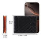 Men's carbon fiber ID card holder with orange edge trim, size reference with phone