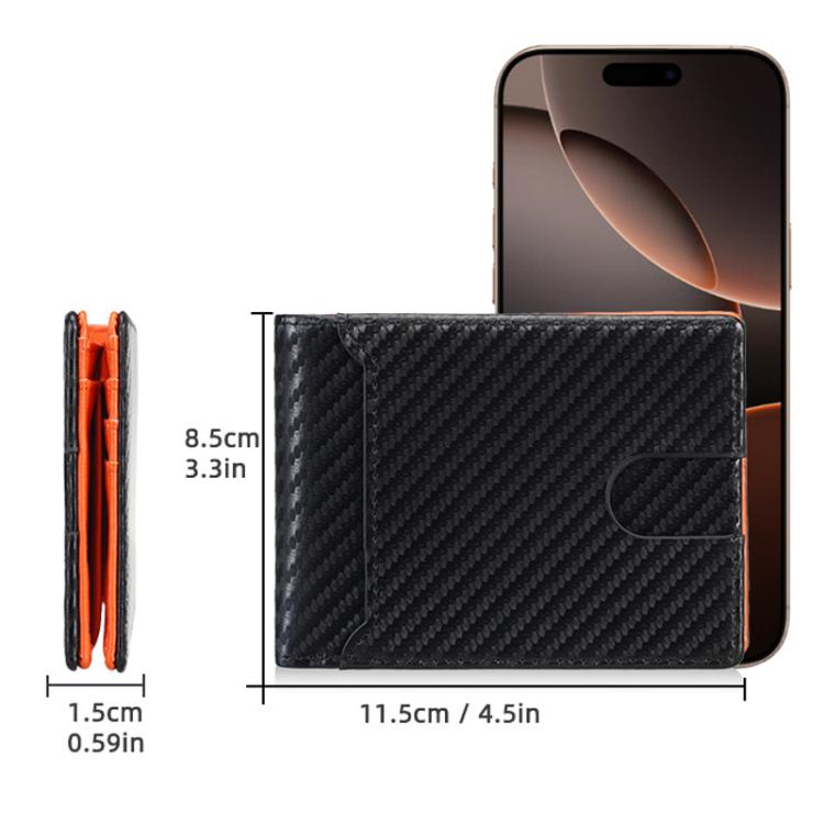 Men's carbon fiber ID card holder with orange edge trim, size reference with phone