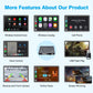 Wireless CarPlay and Android Auto decoder module with dashboard app screens and feature icons