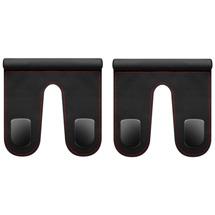 Car interior hook organizer, black faux leather double pouches with red trim and two hooks
