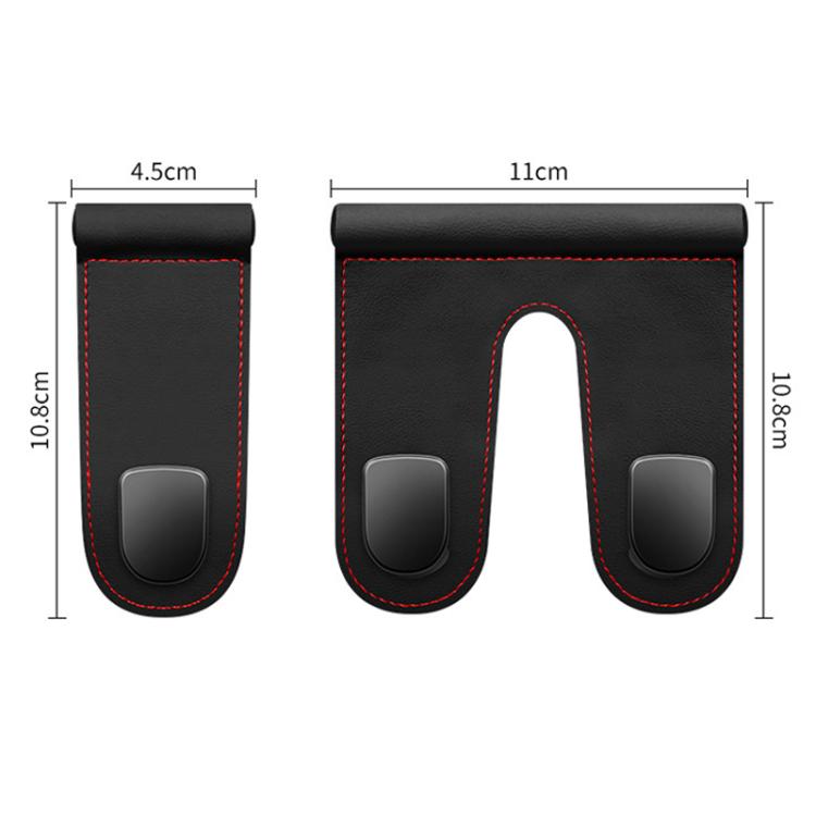 Car interior hook organizer with dimensions, black single and double pouches with red stitching